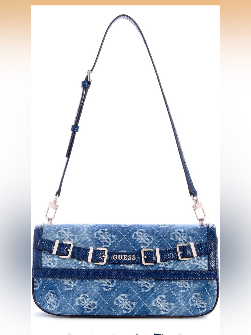 GUESS Blue Denim Monogram Crossbody Bag with Buckle Accents NWT